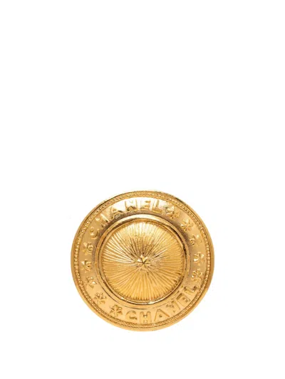 Pre-owned Chanel 1970-1980 Cc Gold Plated Sunburst Medallion Brooch Costume Brooch