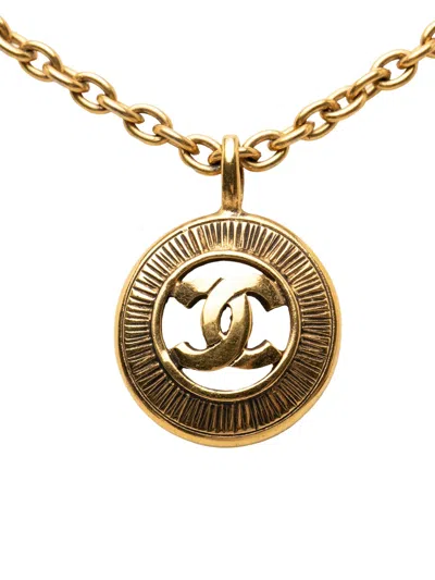 Pre-owned Chanel 1970-1980 Cc Gold Plated Sunburst Medallion Pendant Necklace Costume Necklace