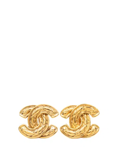 Pre-owned Chanel 1970-1980 Cc Quilted Gold Plated Clip On Earrings Costume Earrings
