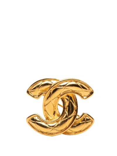 Pre-owned Chanel 1970-1980 Cc Quilted Gold Plated Pin Brooch Costume Brooch