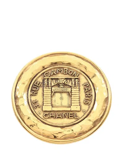 Pre-owned Chanel 1970-1980 Gold Plated 31 Rue Cambon Round Brooch Costume Brooch