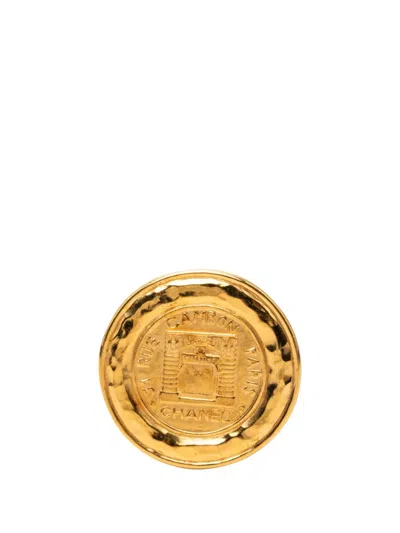 Pre-owned Chanel 1970-1980 Gold Plated 31 Rue Cambon Round Brooch Costume Brooch
