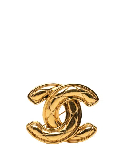 Pre-owned Chanel 1970-1980 Gold Plated Cc Quilted Brooch Costume Brooch