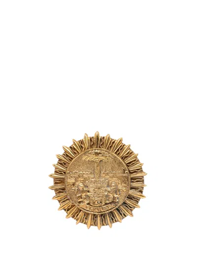 Pre-owned Chanel 1970-1980 Gold Plated Coat Of Arms Medallion Sunburst Brooch Costume Brooch