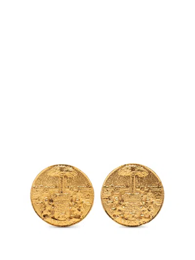 Pre-owned Chanel 1970-1980 Gold Plated Crest Round Clip On Earrings Costume Earrings