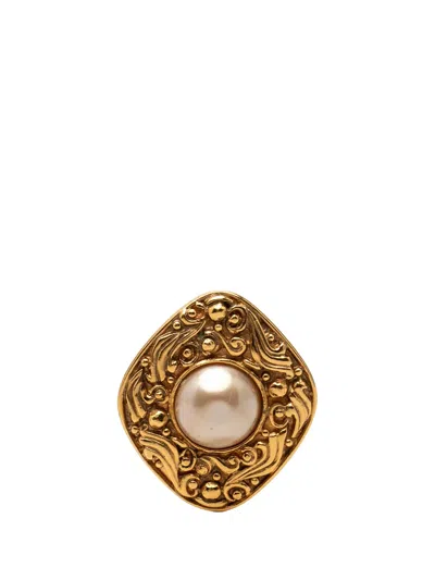 Pre-owned Chanel 1970-1980 Gold Plated Faux Pearl Ornate Brooch Costume Brooch