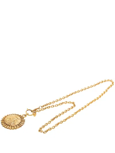 Pre-owned Chanel 1970-1980 Gold Plated Medallion Coat Of Arms Sunburst Pendant Necklace Costume Necklace