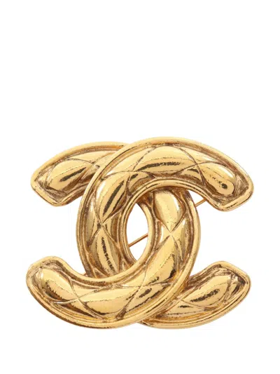 Pre-owned Chanel 1970-1980 Gold Plated Quilted Cc Brooch Costume Brooch