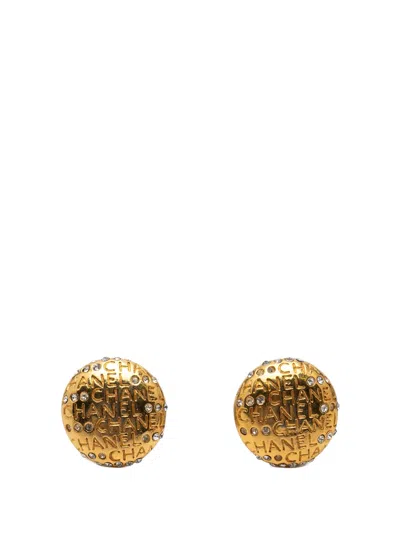 Pre-owned Chanel 1970-1980 Gold Plated Strass Logo Lettering Clip On Earrings Costume Earrings