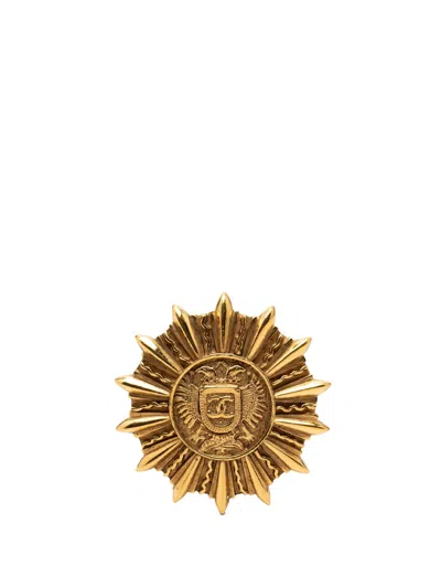 Pre-owned Chanel 1970-1980 Gold Plated Sunburst Shield Brooch Costume Brooch