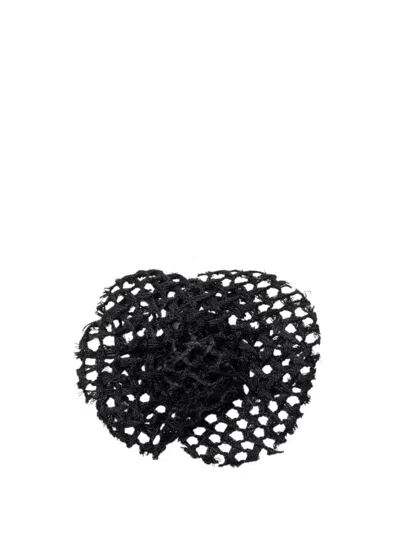 Pre-owned Chanel 1970-1980 Mesh Camellia Pin Brooch Costume Brooch In Black
