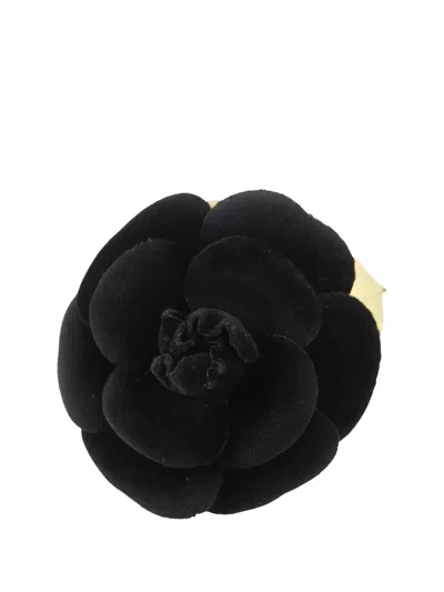 Pre-owned Chanel 1970-1980 Velour Camellia Brooch Costume Brooch In Black