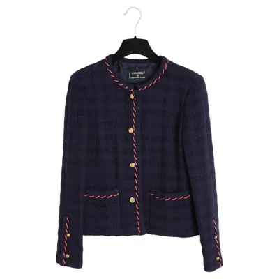 Pre-owned Chanel 1970s Veste Marine Fr38 Navy Wool Whipstitch Trim Tweed Jacket Uk10 Us6 In Blue