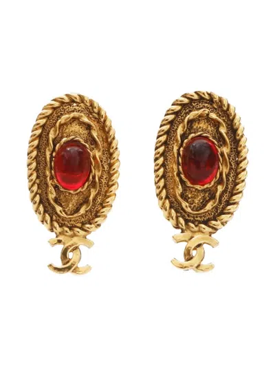 Pre-owned Chanel 1971-1980s Cc Mark Rhinestone Earrings In Gold