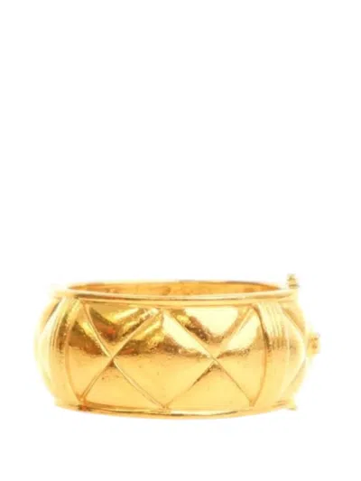 Pre-owned Chanel 1980-1990 Cc Gold Plated Quilted Wide Cuff Bracelet Costume Bracelet