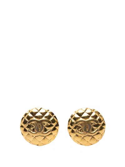 Pre-owned Chanel 1980-1990 Cc Quilted Gold Plated Round Clip On Earrings Costume Earrings