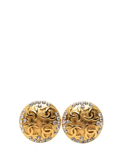 Pre-owned Chanel 1980-1990 Gold Plated Cc Crystal Round Clip On Earrings Costume Earrings