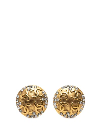 Pre-owned Chanel 1980-1990 Gold Plated Cc Crystal Round Clip On Earrings Costume Earrings