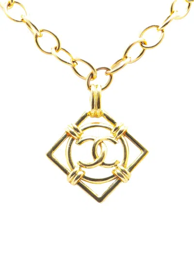 Pre-owned Chanel 1980-1990 Gold Plated Cc Diamond Shape Pendant Necklace Costume Necklace