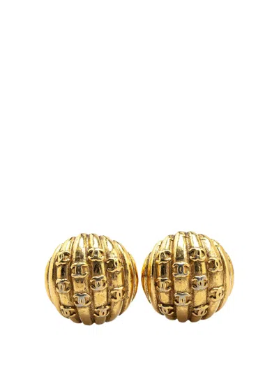 Pre-owned Chanel 1980-1990 Gold Plated Cc Dome Clip On Earrings Costume Earrings