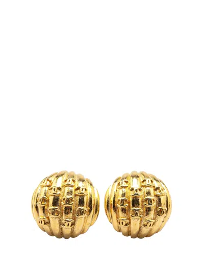 Pre-owned Chanel 1980-1990 Gold Plated Cc Dome Clip On Earrings Costume Earrings