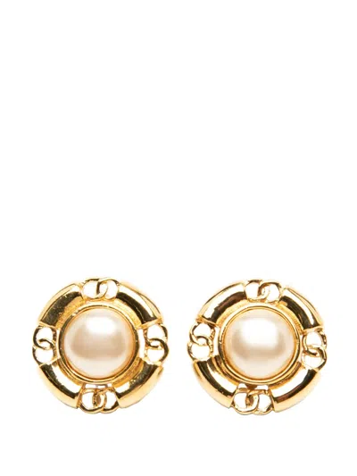 Pre-owned Chanel 1980-1990 Gold Plated Cc Faux Pearl Clip On Earrings Costume Earrings