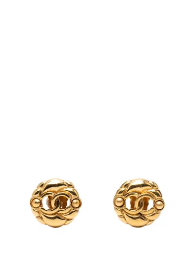 Pre-owned Chanel 1980-1990 Gold Plated Cc Hollow Round Clip On Earrings Costume Earrings