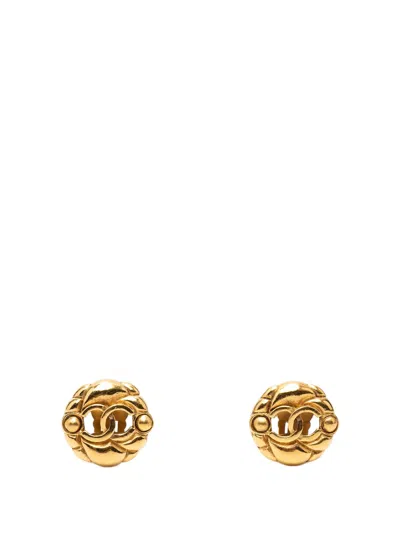 Pre-owned Chanel 1980-1990 Gold Plated Cc Hollow Round Clip On Earrings Costume Earrings