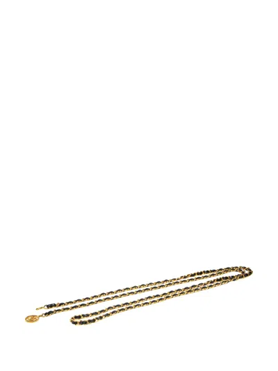 Pre-owned Chanel 1980-1990 Gold Plated Cc Leather Woven Chain Belt