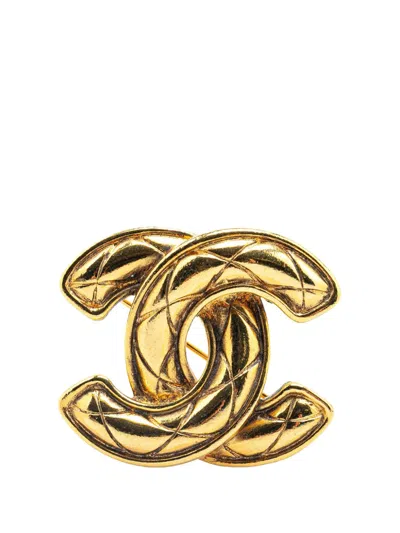 Pre-owned Chanel 1980-1990 Gold Plated Cc Quilted Brooch Costume Brooch