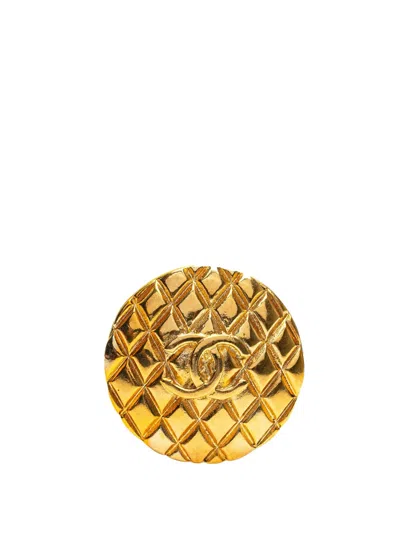 Pre-owned Chanel 1980-1990 Gold Plated Cc Quilted Brooch Costume Brooch