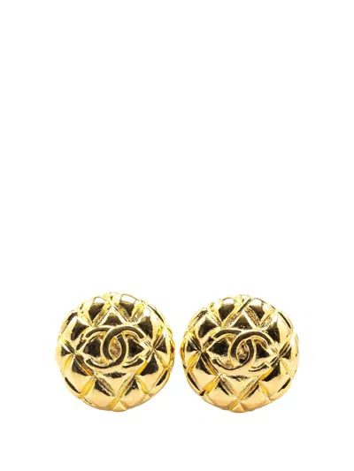 Pre-owned Chanel 1980-1990 Gold Plated Cc Quilted Clip On Earrings Costume Earrings