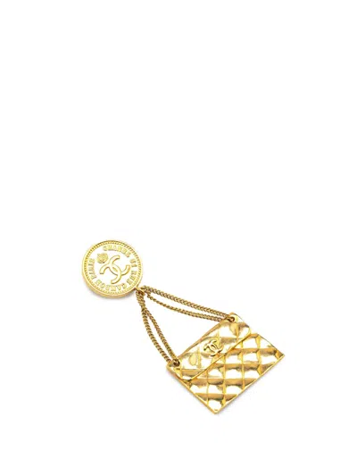 Pre-owned Chanel 1980-1990 Gold Plated Cc Quilted Flap Bag Brooch Costume Brooch