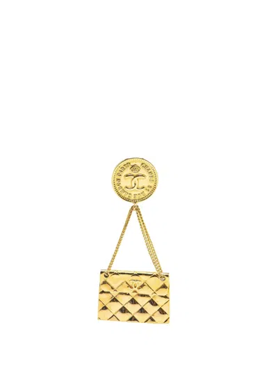 Pre-owned Chanel 1980-1990 Gold Plated Cc Quilted Flap Bag Brooch Costume Brooch