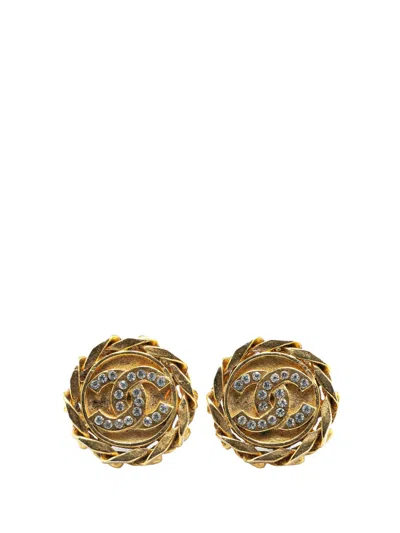 Pre-owned Chanel 1980-1990 Gold Plated Cc Rhinestones Clip On Earrings Costume Earrings