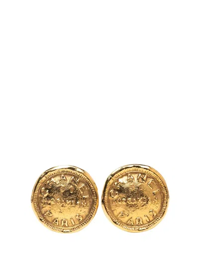 Pre-owned Chanel 1980-1990 Gold Plated Cc Round 31 Rue Cambon Clip On Earrings Costume Earrings