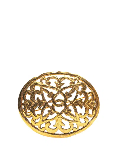 Pre-owned Chanel 1980-1990 Gold Plated Cc Round Brooch Costume Brooch