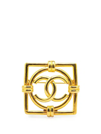 Pre-owned Chanel 1980-1990 Gold Plated Cc Square Lock Brooch Costume Brooch