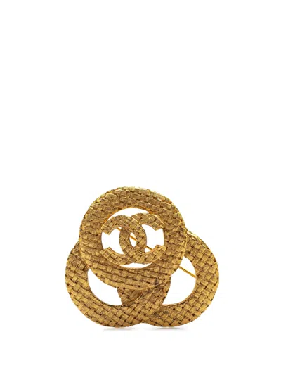 Pre-owned Chanel 1980-1990 Gold Plated Cc Triple Circle Brooch Costume Brooch