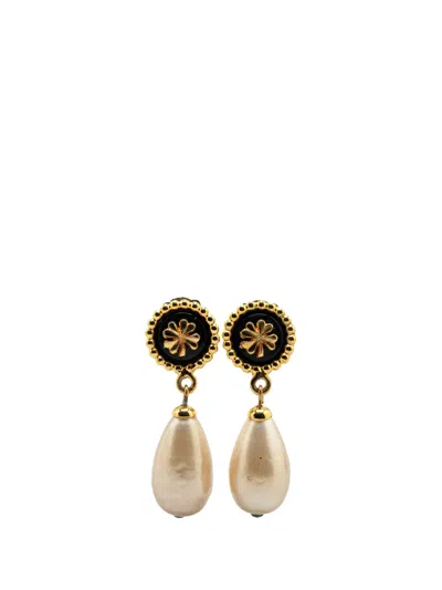 Pre-owned Chanel 1980-1990 Gold Plated Clover Faux Pearl Dangling Clip On Earrings Costume Earrings