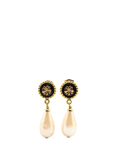 Pre-owned Chanel 1980-1990 Gold Plated Clover Faux Pearl Drop Costume Earrings In White