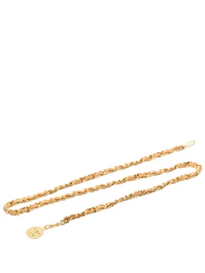 Pre-owned Chanel 1980-1990 Gold Plated Leather Woven Medallion Chain Belt In Brown