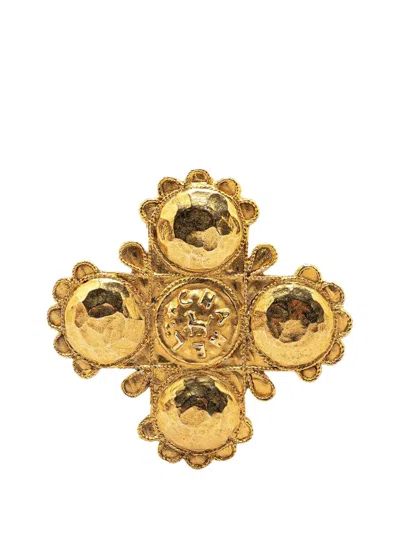 Pre-owned Chanel 1980-1990 Gold Plated Lion Logo Cross Brooch Costume Brooch