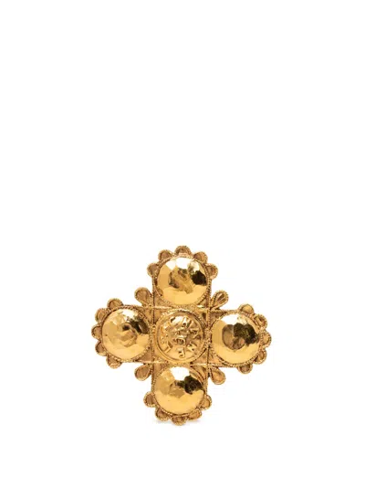 Pre-owned Chanel 1980-1990 Gold Plated Lion Logo Cross Brooch Costume Brooch