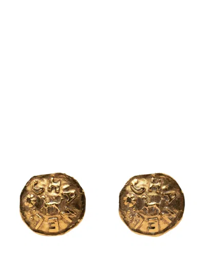 Pre-owned Chanel 1980-1990 Gold Plated Logo And Lion Clip On Earrings Costume Earrings