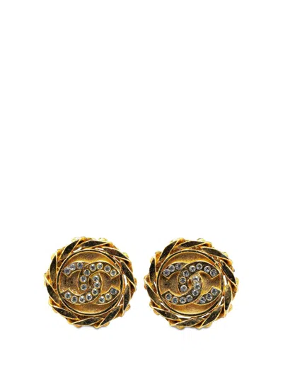 Pre-owned Chanel 1980-1990 Gold Plated Rhinestone Cc Clip On Earrings Costume Earrings