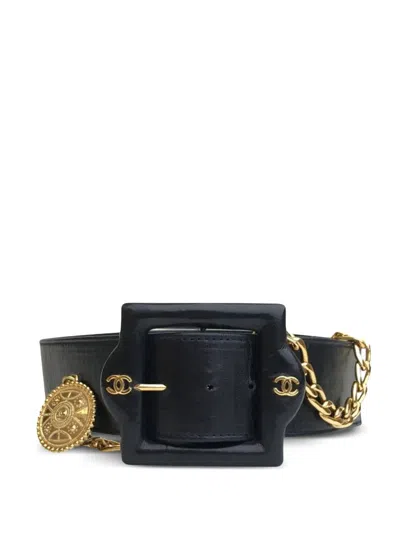 Pre-owned Chanel 1980-1990 Vintage Leather Chain Belt In Black