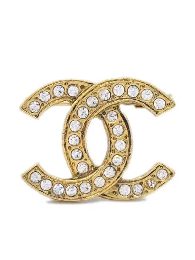Pre-owned Chanel 1980-1990s Cc Rhinestone Brooch In Gold