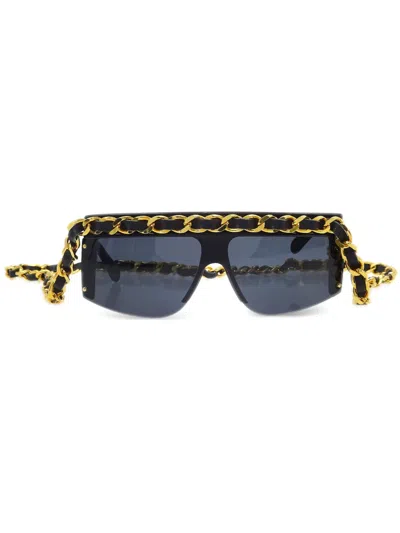Pre-owned Chanel 1980-1990s Chain-strap Rectangle-frame Sunglasses In Black