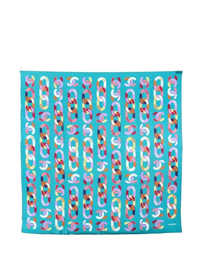 Pre-owned Chanel 1980 Coco Mark Scarf In Blue